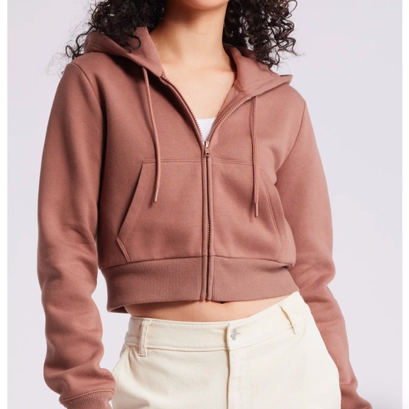 NWOT BP Nordstrom Crop Brown Zip Fleece Hoodie Sweatshirt XL - Picture 7 of 10